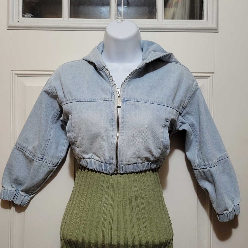 Jou Jou Women's Light Blue Denim Full Zip Denim Hoodie Jacket